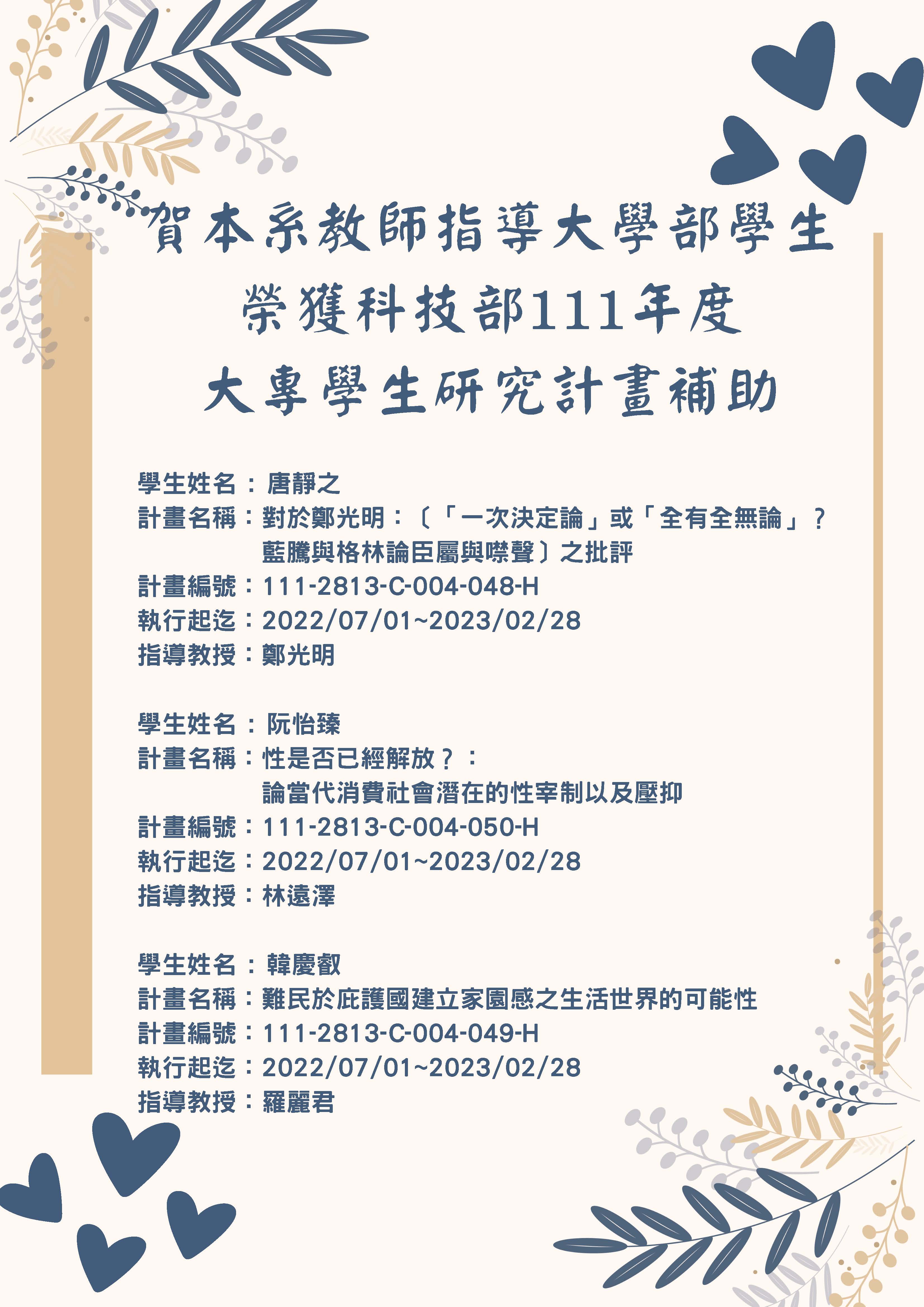 賀本系教師指導大學部學生榮獲科技部111年度大專學生研究計畫補助